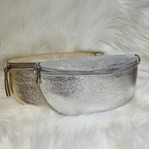 Real Leather Gold fanny bag, Gold Bum Bag, Silver Bum bag, Silver waist bag, Silver Sling Bag, Party bag, Gold Sling bag-Silver hardware