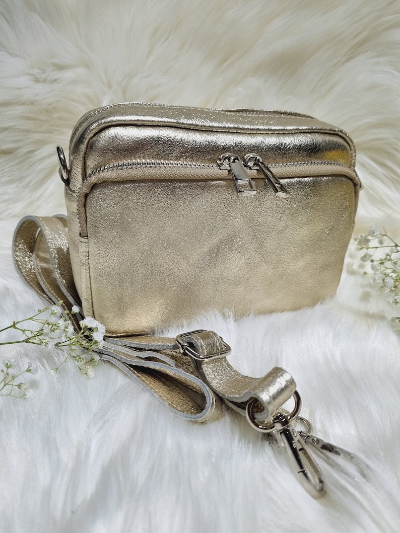 Gold Leather Bag Crossbody Bag Gold Shoulder Bag With Long Detachable