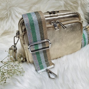 Gold Ledertasche Umhängetasche Gold Schultertasche mit langem abnehmbaren Riemen und Glitzerriemen -Silber Hardware
