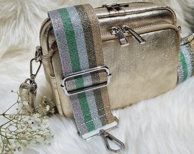 Gold Leather Bag Crossbody bag Gold Shoulder bag With Long Detachable Strap & Glitter Strap -Silver Hardware