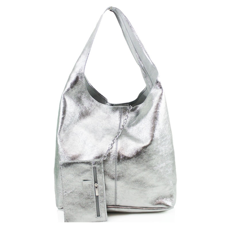 Sac fourre-tout en cuir véritable argenté métallisé Sac fourre-tout or rose Sac fourre-tout doré Sac hobo Sac à bandoulière argenté Sac de bureau Sac de voyage Sac souple Silver