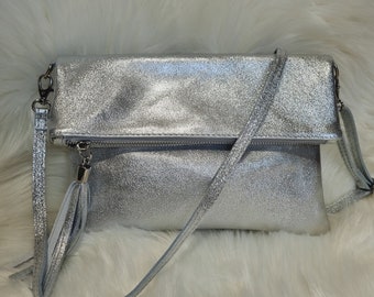 Metallic Silver Leather Clutch Bag Silver Evening Bag Silver Party Bag With Detachable Long Straps-Silver Hardware