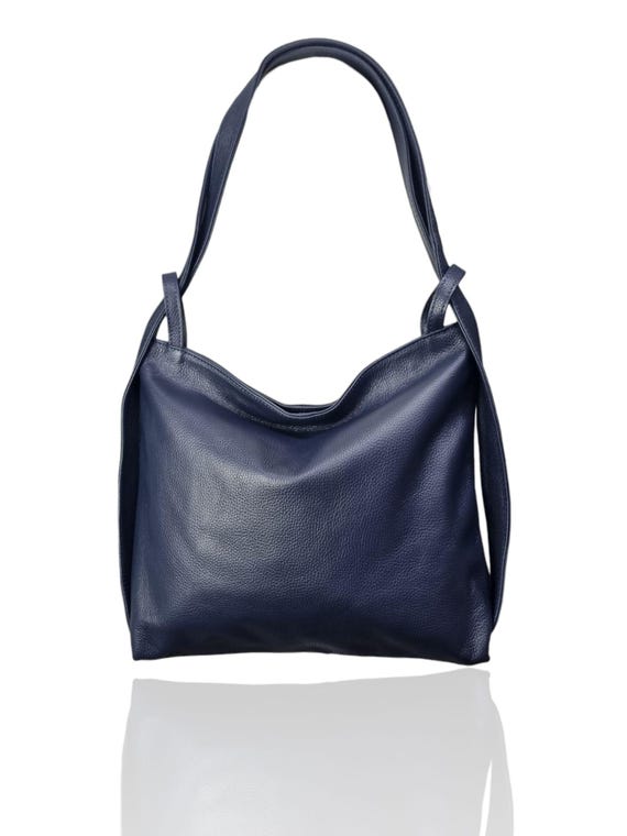 Italian Leather Convertible Backpack: Navy Blue Slouch Bag  display picture 2