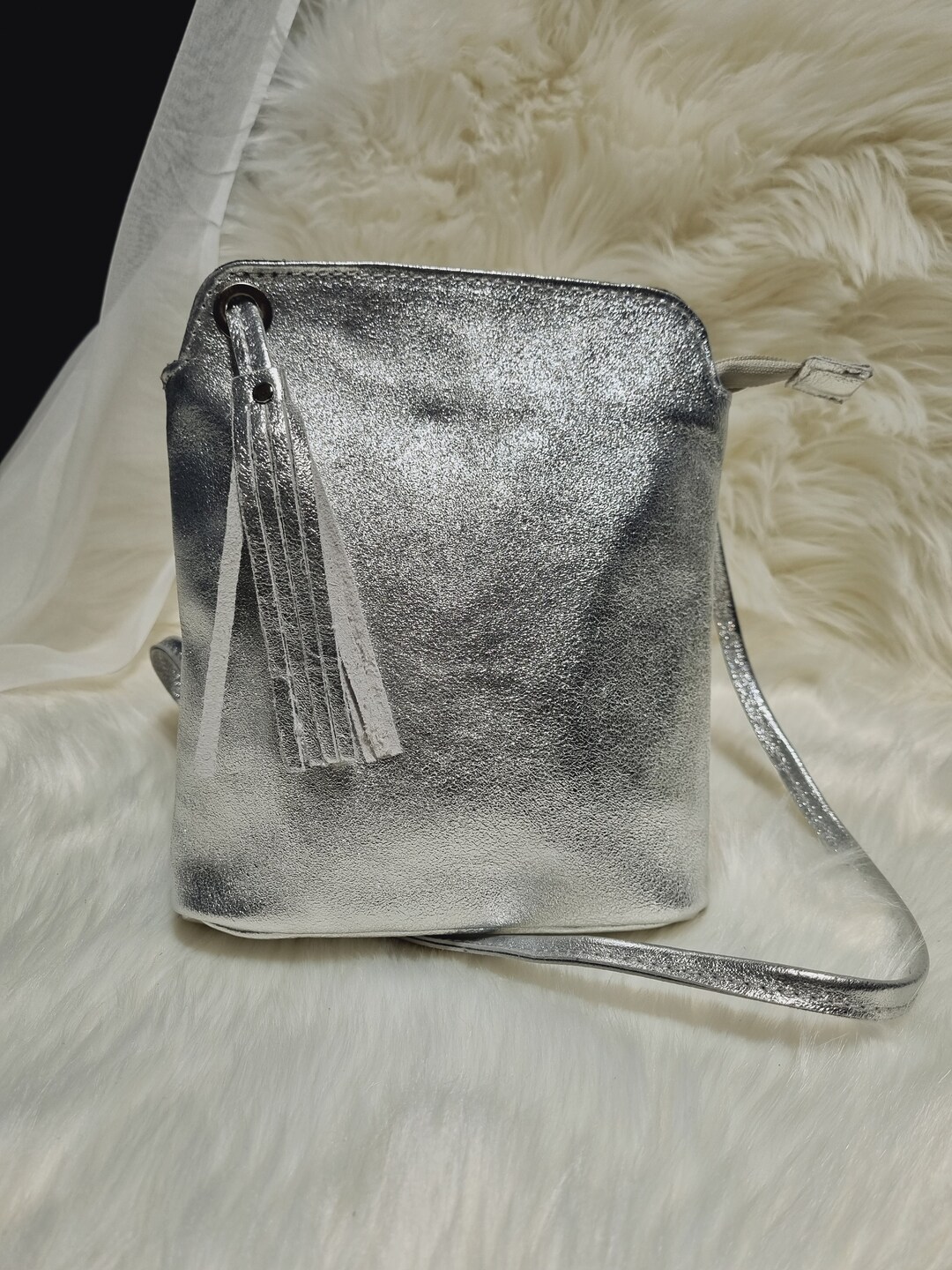 Silver Leather Bag Silver Tassel Crossbody Bag Silver Shoulder Bag Party Bag With Long Strap