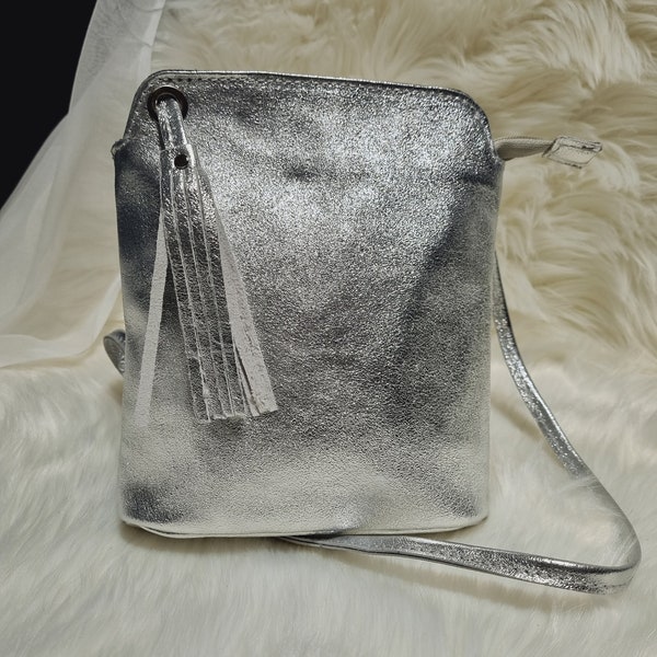 Silver Real Leather Bag Silver Tassel Crossbody bag Silver Shoulder bag Party Bag With Long Strap -Silver Hardware