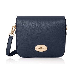 Real Leather Navy Crossbody bag Navy Shoulder bag Navy Designer style bag With Detachable Strap -Gold Hardware