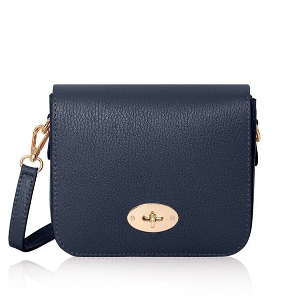 Real Leather Navy Crossbody bag Navy Shoulder bag Navy Designer style bag With Detachable Strap -Gold Hardware