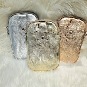 Leather Mobile Bag crossbody bag Mini phone pouch Bag Coin Card Key Wallet Bag With Long Detachable Strap -Silver Hardware