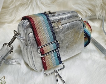 Bolso bandolera de piel plateada: bolso de fiesta con correa desmontable