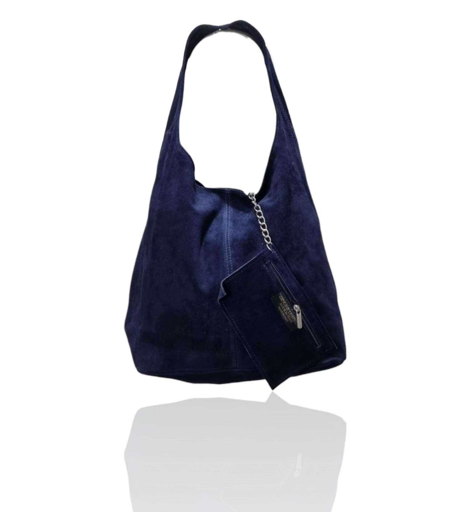 ネイビーブルーのスエードレザースラウチバッグ：ホーボートート