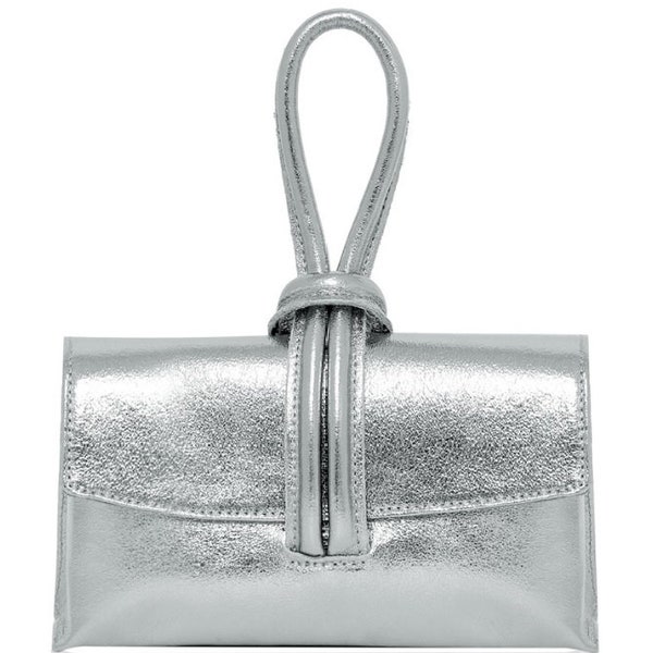 Loop Lock Clutch Bag Metallic Leather Gold Clutch Bag Silver Clutch bag Silver Evening Bag With Long Detachable Strap