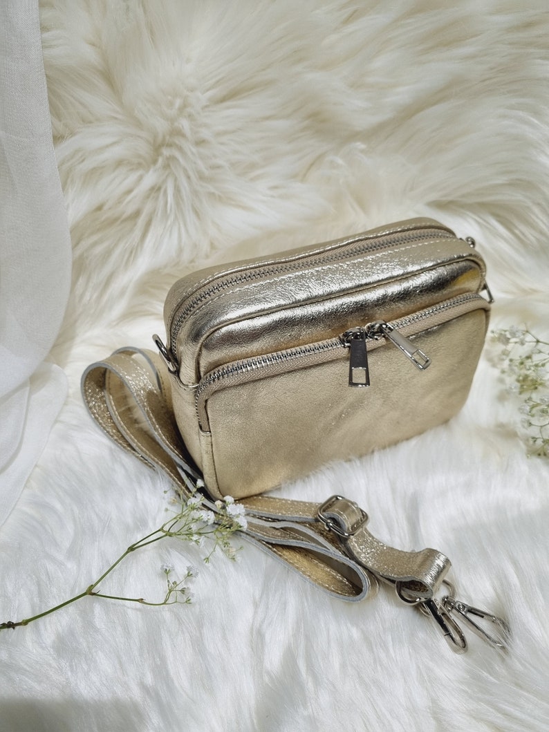 Gold Leather Bag Crossbody Bag Gold Shoulder Bag With Long Detachable