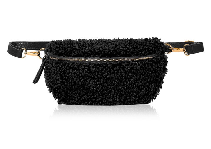 Real Leather Black Faux Shearling Bum Bag Faux Shearling Sling Bag Black Teddy Bags Black Fluffy Waist bags Trendy winter bags Gifts for her