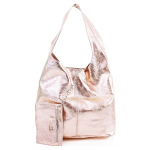 Sac fourre-tout en cuir véritable argenté métallisé Sac fourre-tout or rose Sac fourre-tout doré Sac hobo Sac à bandoulière argenté Sac de bureau Sac de voyage Sac souple Rose Gold