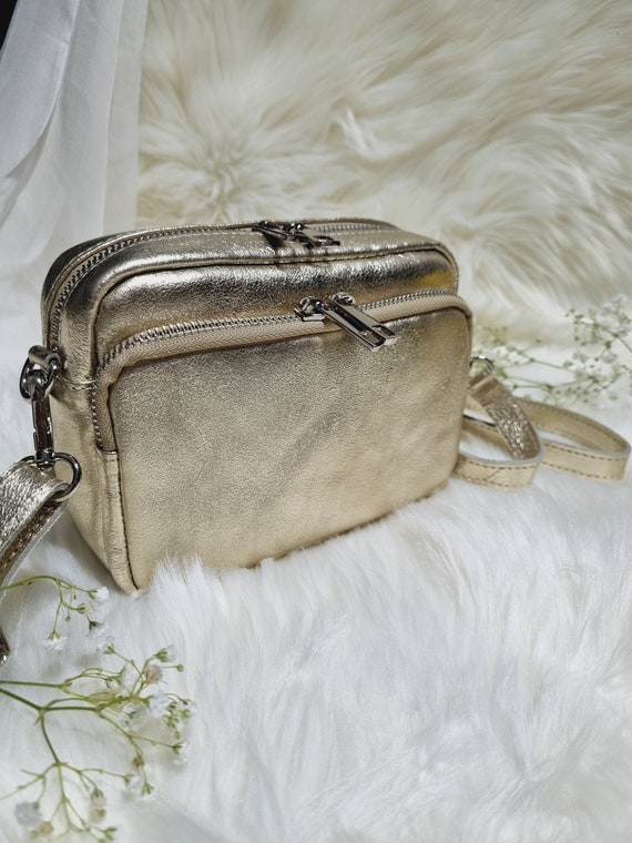 Gold Leather Bag Crossbody Bag Gold Shoulder Bag With Long
