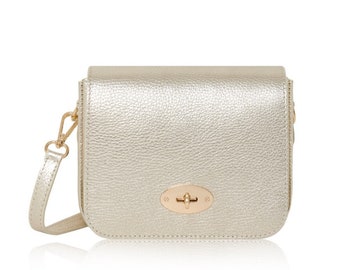 Bolso bandolera dorado de piel auténtica: bolso de fiesta con correa desmontable