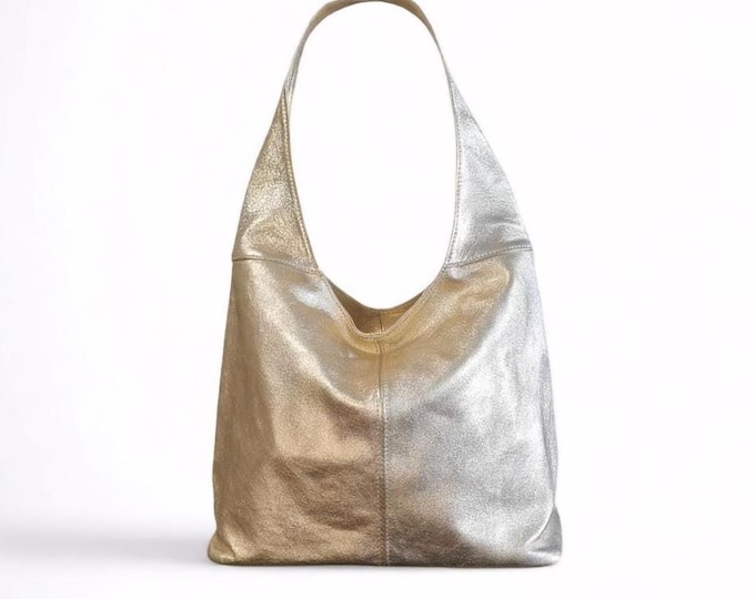 Italian Leather Gold Slouch Hobo Bag: Metallic Shoulder Tote bag