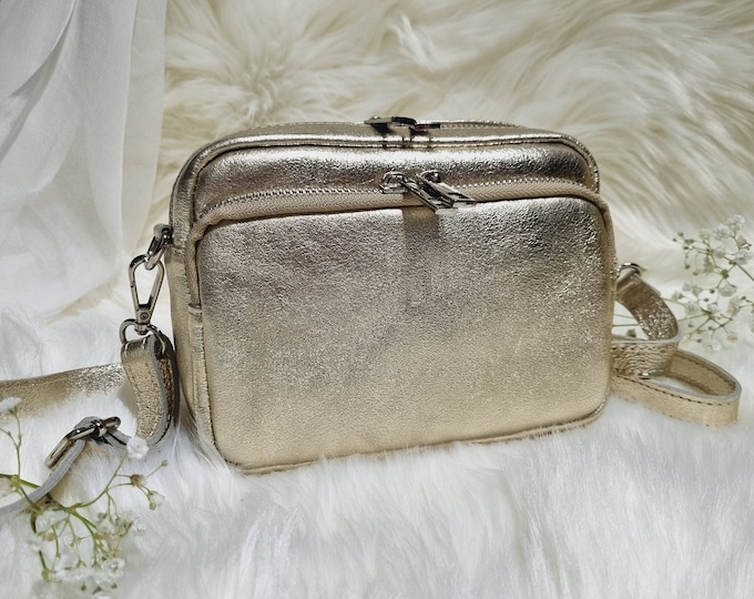 Gold Leather Bag Crossbody bag Gold Shoulder bag With Long Detachable Strap -Silver Hardware