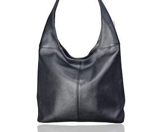 Black Genuine Italian Leather Hobo Bag: Slouch Tote Handbag
