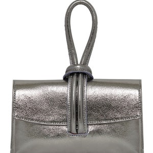 Loop Lock Dark Silver Clutch Bag, Metallic Real Leather Gold Party Bag, Silver Clutch bag, Gold Evening Bag With Long Detachable Strap