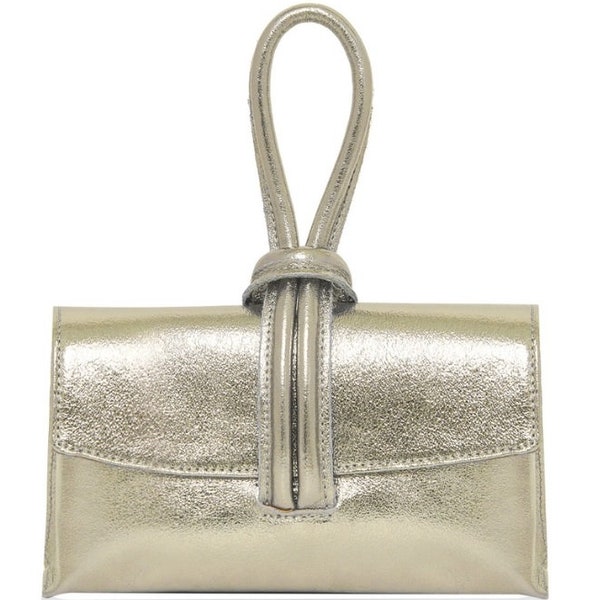 Loop Lock Clutch Bag Metallic Leather Gold Clutch Bag Silver Clutch bag Gold Evening Bag With Long Detachable Strap
