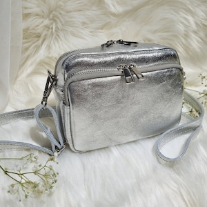 Silver Leather Bag Crossbody bag Silver Shoulder bag Party Bag With Long Detachable Strap -Silver Hardware