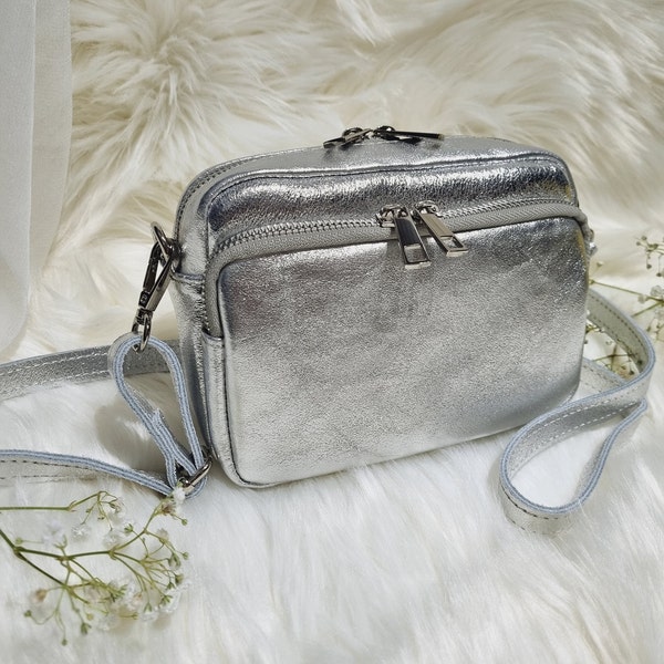 Silver Leather Bag Crossbody bag Silver Shoulder bag Party Bag With Long Detachable Strap -Silver Hardware