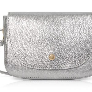 Silberne Ledertasche Silber Umhängetasche Silber Schultertasche Partytasche Mit Langen Riemen -Gold Hardware