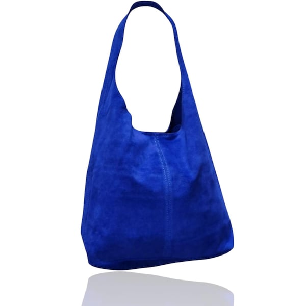 Royal Blue Suede Leather Slouch Hobo Bag