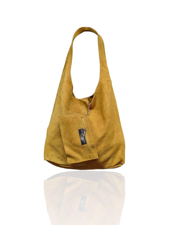 Real Suede Leather Slouch Bag: Mustard Yellow Hobo Tote - Etsy display picture 1