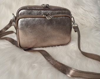 Bronze Leather Bag Bronze Crossbody bag Bronze Shoulder bag Bronze Party Bag Bronze Double zip Bag With Detachable Strap Gifts for her