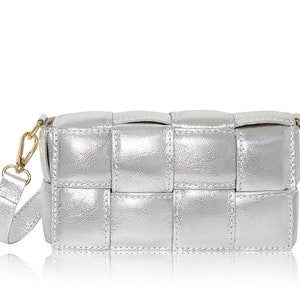 Silver Weaved Bag Silver Crossbody bag Silver Shoulder bag Silver Party Bag Evening Bag With Adjustable Leather Strap -Gold Hardware