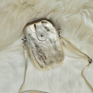Bolso bandolera de cuero auténtico para móvil, minibolso para teléfono, monedero, tarjetero, llavero, con correa larga desmontable, herrajes plateados