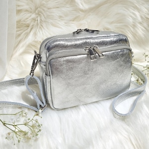 Silver Leather Crossbody Bag: Metallic Party Shoulder Bag