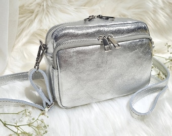 Small Leather Bag in SILVER .cross Body Bag, Shoulder Bag