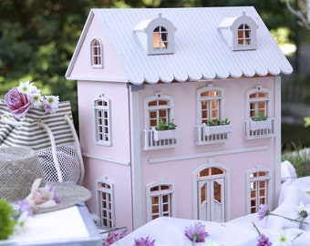 Haus von Nizza - Handgefertigtes Holzpuppenhaus -Perfektes Geschenk für Kindermöbel Textil Lernspielzeug Geburtstagsgeschenk Französisches Puppenhaus