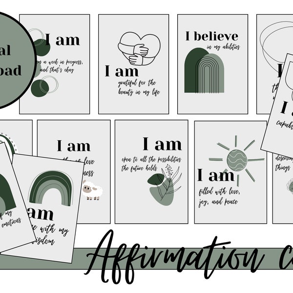 12 affirmation cards - "I am" theme. Digital download mindfulness, printable and positive affirmations for self care and self care and worth