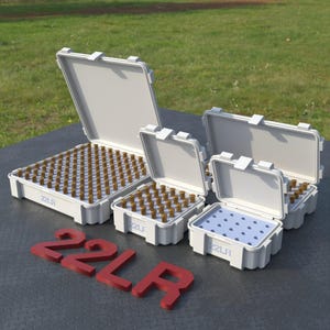 May include: Several white plastic storage cases, some open, filled with small, brown cylindrical objects. The cases are labeled "22LR" and are arranged on a gray surface. Red 3D letters spell out "22LR" in the foreground.