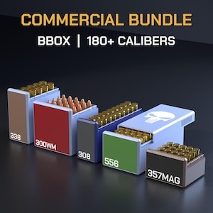 May include: A commercial bundle of BBOX ammunition storage containers labeled 338, 300WM, 308, 556, and 357MAG. The containers are various colors including brown, red, dark blue, green, and black, each holding rows of brass-colored cartridges.