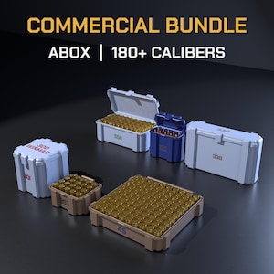 May include: A commercial bundle of ABOX storage containers for 180+ calibers. The set includes various light blue, dark blue, and tan plastic cases filled with brass-colored ammunition cartridges, featuring printed labels like 300 WINMAG, 556, 308, 338, 357, and 45.