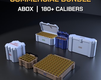 May include: A commercial bundle of ABOX storage containers for 180+ calibers. The set includes various light blue, dark blue, and tan plastic cases filled with brass-colored ammunition cartridges, featuring printed labels like 300 WINMAG, 556, 308, 338, 357, and 45.