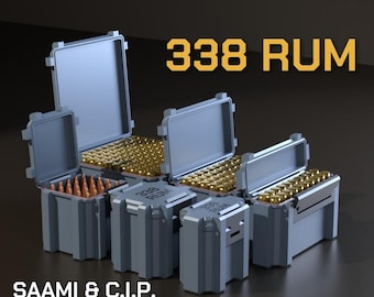 Digital STL file .338 Remington Ultra Magnum Ammo Box, 3D Printable SBOX Ammunition Storage, 338 RUM