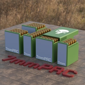 May include: Four green ammo boxes with a skull graphic on the top box. The boxes are labeled "7mm PRC" and "7mm".