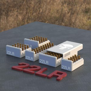 May include: A white box with a skull graphic on the top, labeled "22LR" and filled with rows of small, gold-colored bullets. The box is surrounded by four smaller white boxes, also labeled "22LR" and filled with bullets. The boxes are sitting on a gray surface with the word "22LR" written in large, red letters.