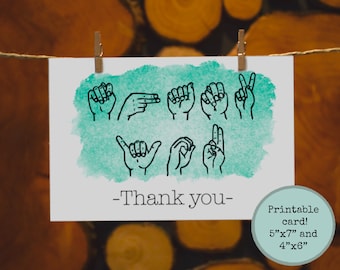 Printable Thank You Card, American Sign Language, Digital Download, 4x6 and 5x7 Card with Printable Envelope