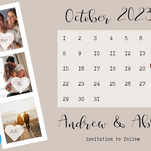 Simple Editable Save the Date Template for Canva | Photo booth strip and calendar wedding printable template bride on a budget