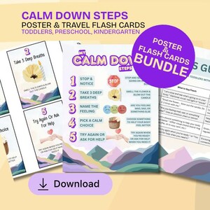 Könnte beinhalten: Ein Bündel aus Lehrmaterialien für Kleinkinder, Vorschulkinder und Kindergartenkinder. Das Bündel enthält ein Poster und Lernkarten mit "Calm Down Steps"-Anweisungen. Die Karten zeigen Illustrationen und Text zur Emotionsbewältigung.