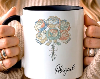 CUSTOM Rose Floral Mug, Floral Bouquet Gift for Her, Shabby Chic Patchwork Design Cottage Farmhouse Decor