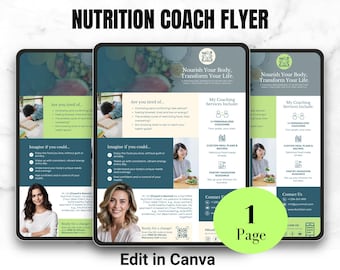 Folletos para coaches de nutrición, plantillas de bienestar editables, marketing para coaches de salud, diseños de Canva para nutricionistas que publicitan en redes sociales
