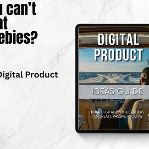 Puede incluir: Una gu&iacute;a de ideas de productos digitales con una portada azul y blanca que muestra un barco en el agua. El texto de la portada dice "Digital Product Ideas Guide" y "100+ Digital Product Ideas to Create Passive Income".